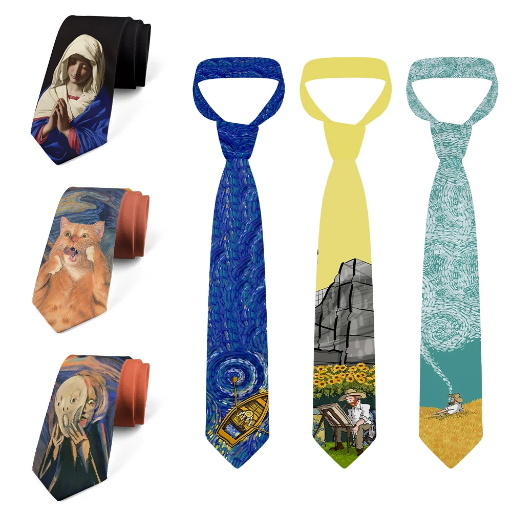 

Van Gogh oil painting fashion tie 8 cm wide polyester tie pastoral sailing cat tie casual party wedding shirt accessories unisex