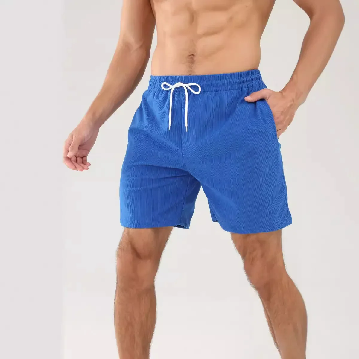 Men's Sporty Corduroy Shorts with Waistband Five-Point Casual Pants Summer Trendy Solid Color Skateboard Long Trousers