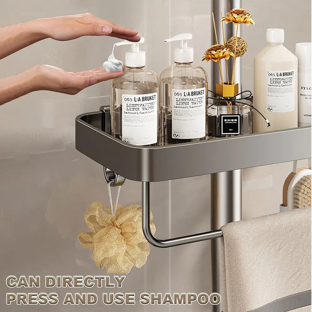 1/2PCS Shower Rack Punch-Free Bathroom Tray With Towel Bar Hooks Shampoo Holder Floating Shelf For Toilet Bathroom Organizer 5