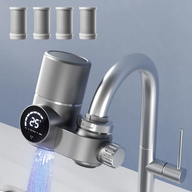 ตัวกรองน้ำติดก๊อกน้ำ พร้อมแสงยูวีและจอแสดงผล LED อุปกรณ์กรองน้ำก๊อกน้ำในครัว ป้องกันตะกรันและฆ่าเชื้อ 1
