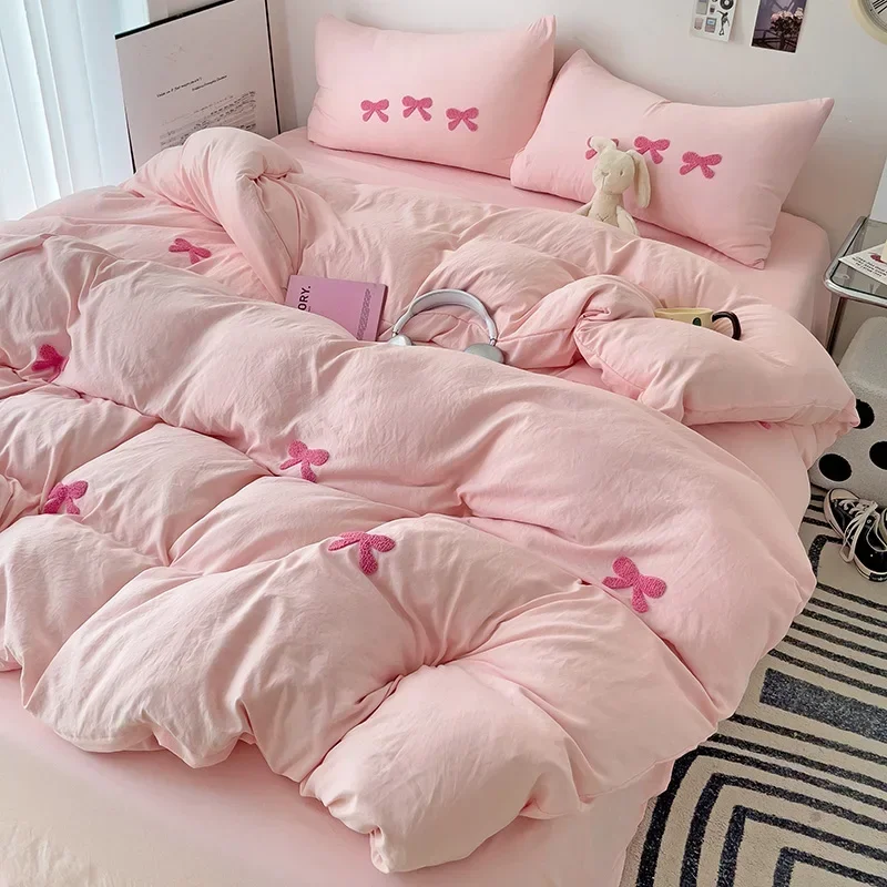 Pink Bow Embroidered Duvet Cover Set 4
