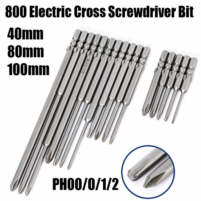 

40/80/100mm 800 Electric Cross Screwdriver Bit Set 4mm Round Shank Magnetic Phillips Impact Batch Head Screwdriver Drill Bit