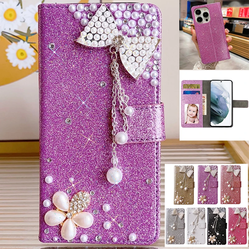 Glitter Bow Flip Per Iphone 15 14 Plus 13 12 Mini 11 Pro Max X Xr Xs Max 7 8 Plus 6 6S Se Custodia A Portafoglio Glow