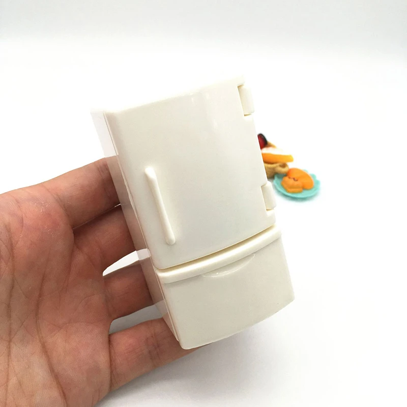 핫세일 1/12 미니 인형의 집 화이트 냉장고 음식 세트 포함 주방 장난감 미니어처 가구 냉장고 장식 어린이 선물용