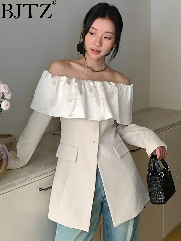 

BJTZ Women's Ruffled One Shoulder Blazer For Women 2024 Spring Autumn New Niche Designer Elegant Casual Female Tops HL615