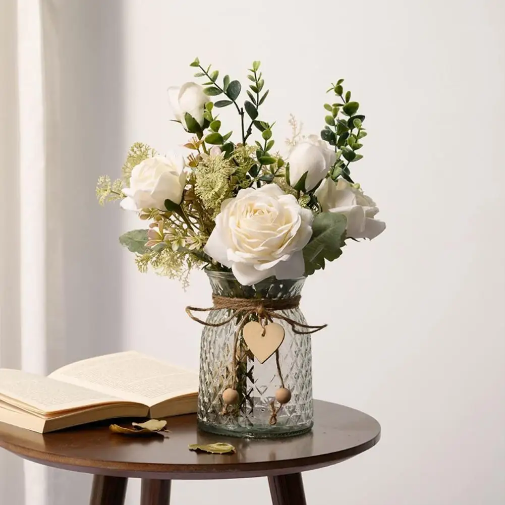 

Office Desk Decoration Artificial Flower Bouquet Pastoral Style Silk Flower Arrangement White Rose Decor for Bedroom for Home