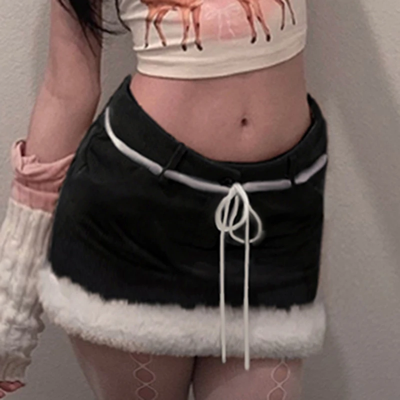 y2k Skirt Women Aesthetic Clothes Contrast Color Tie-up Low Waist Furry Patchwork Short Mini Skirt 2000s Streetwear