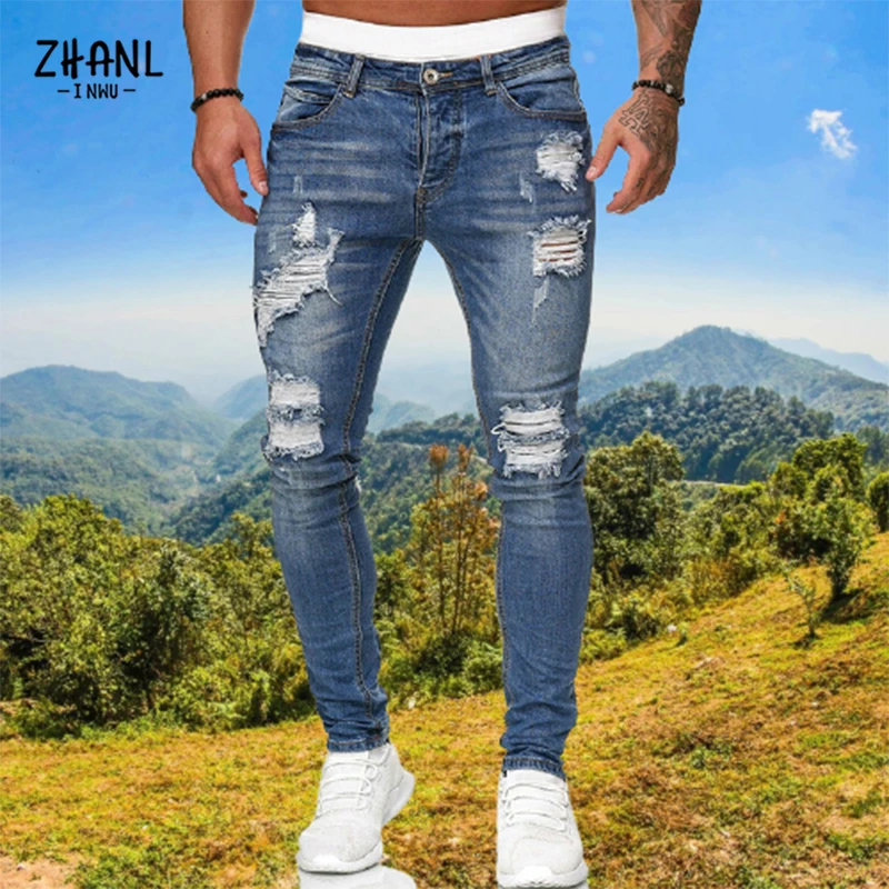 Men's Ripped Jeans Streetwear Men's Black Jeans Slim Fit Hip Hop