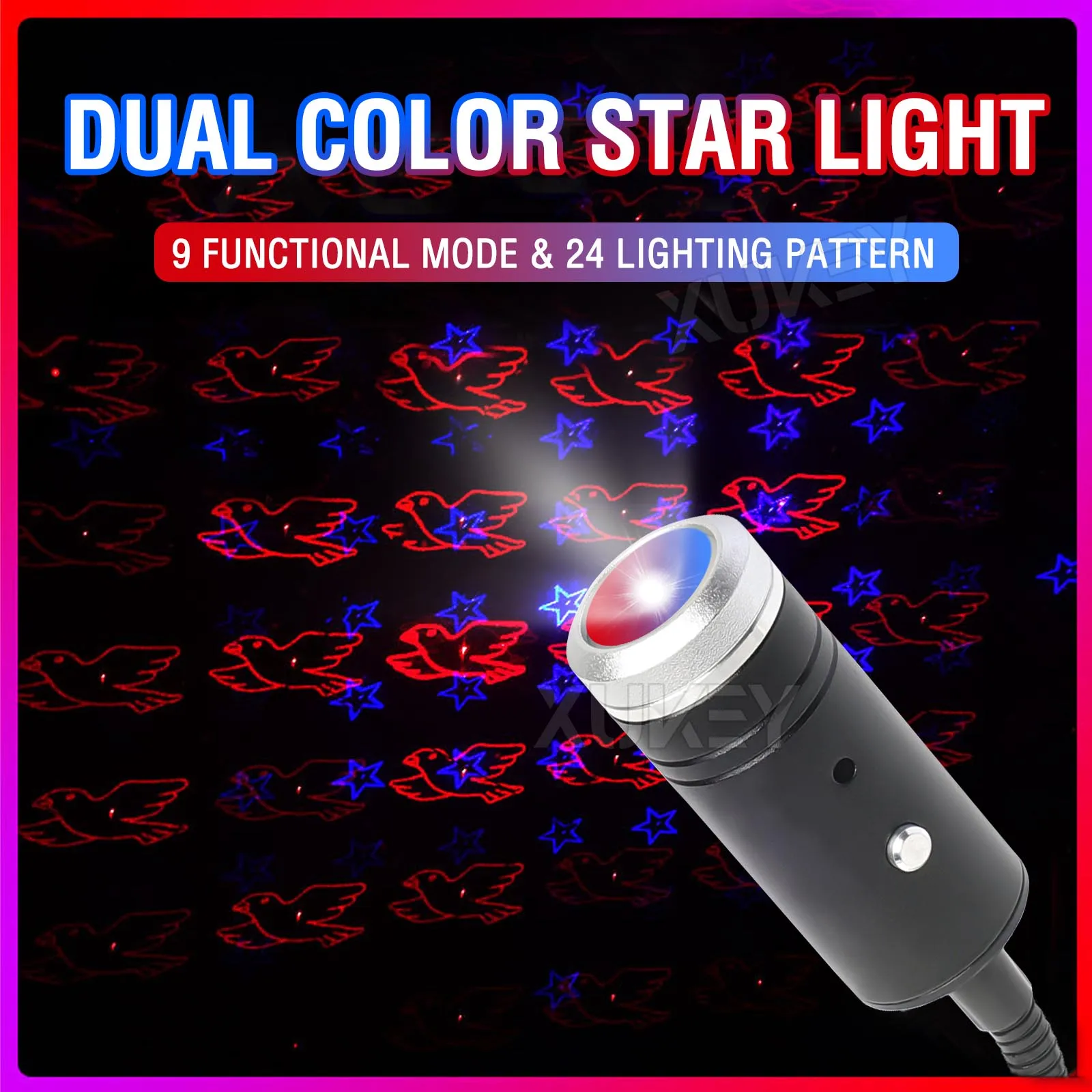 

USB Star Night Светильник проектор, 9 функциональных режимов, 24 световых эффекта, звуковой активационный стробоскоп, регулируемый Романтический ночной стробоскоп