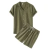 Cool Summer Comfortable Short-Sleeved Button Shirt Sets Men's Solid Color Shirt Shorts Suit Men's Cotton and Linen Casual Suit 1