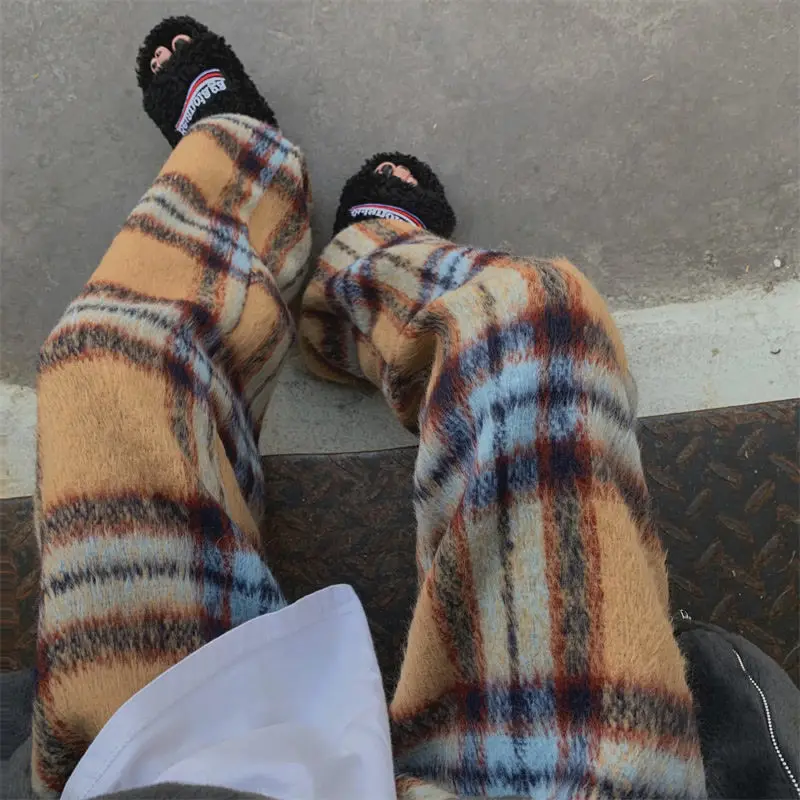 

Korean Women Woolen Causal Loose Plaid Wide Leg Pants Autumn Winter Vintage Loose Elastic High Waist Straight Trousers All Match