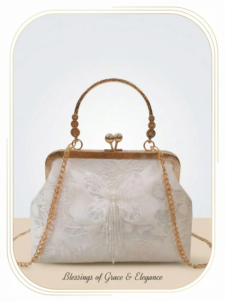 Chinese Style Butterfly Embroidery Clutch Vintage Lace Kiss Lock Handbag Elegant Evening Bag with Gold Chain for Women