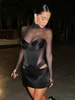 Vhiuat Sexy Cut Out Mesh Patchwork Turtleneck Long Sleeve Wrap Short Dress 2024 Party Evening Elegant Party Birthday Mini Dress 3