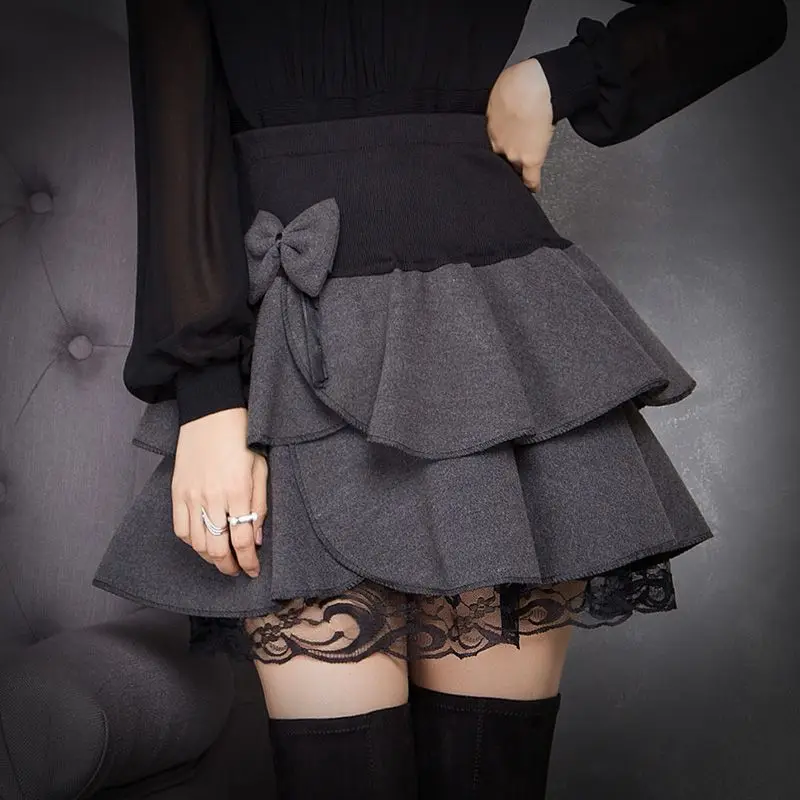 Autumn Winter New Lace Patchwork Short Skirt Irregular High Waist Solid Color Pleated A-line Skirt Vintage Fashion Women Clothes