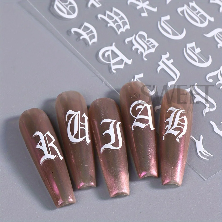2pcs Gothic Letter Nail Sticker Black White Cool Design English Alphabet Adhesive Slider Y2K Inscription Manicure Decoration Tip