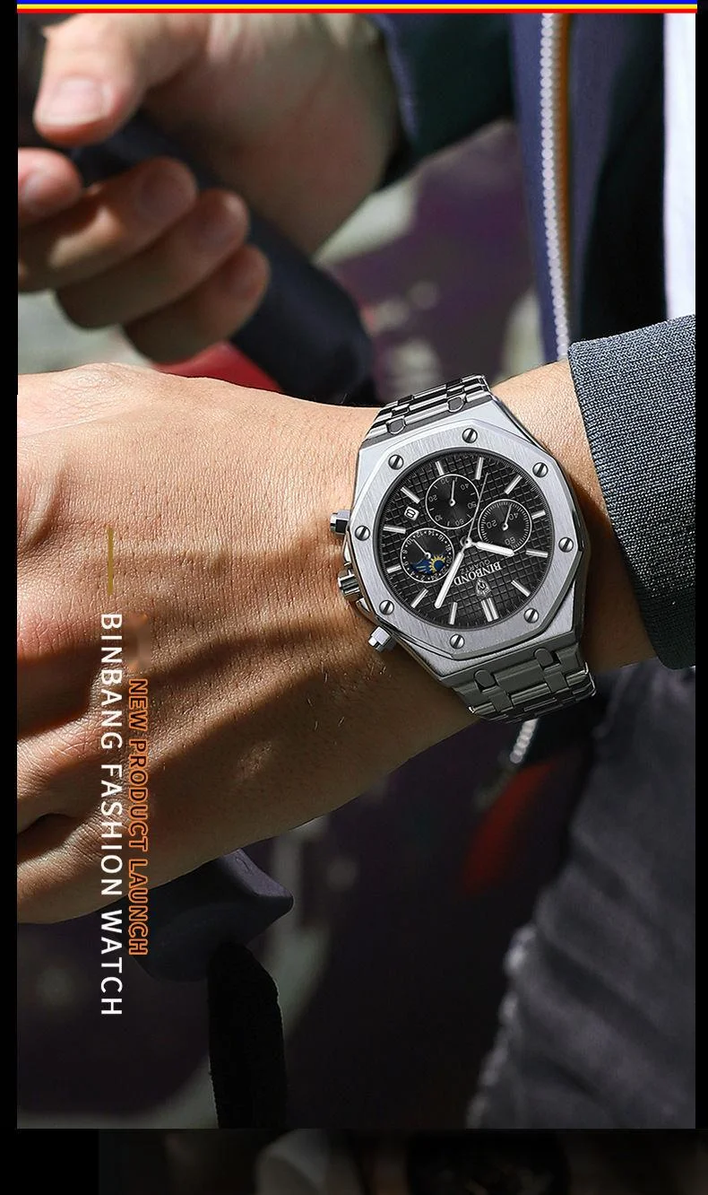 New Watch Hot Selling Model: Binbang High-end Three Eye Six Needle Multifunctional Lunar Phase Steel Band Multifunctional Men's Watch Watch_voghion.com