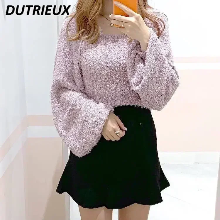 

Pullvoer Sweater Autumn Winter Off-Shoulder Square Collar Sweater Women Sexy Slimming Japan Style Long Sleeve Knitted Sweater