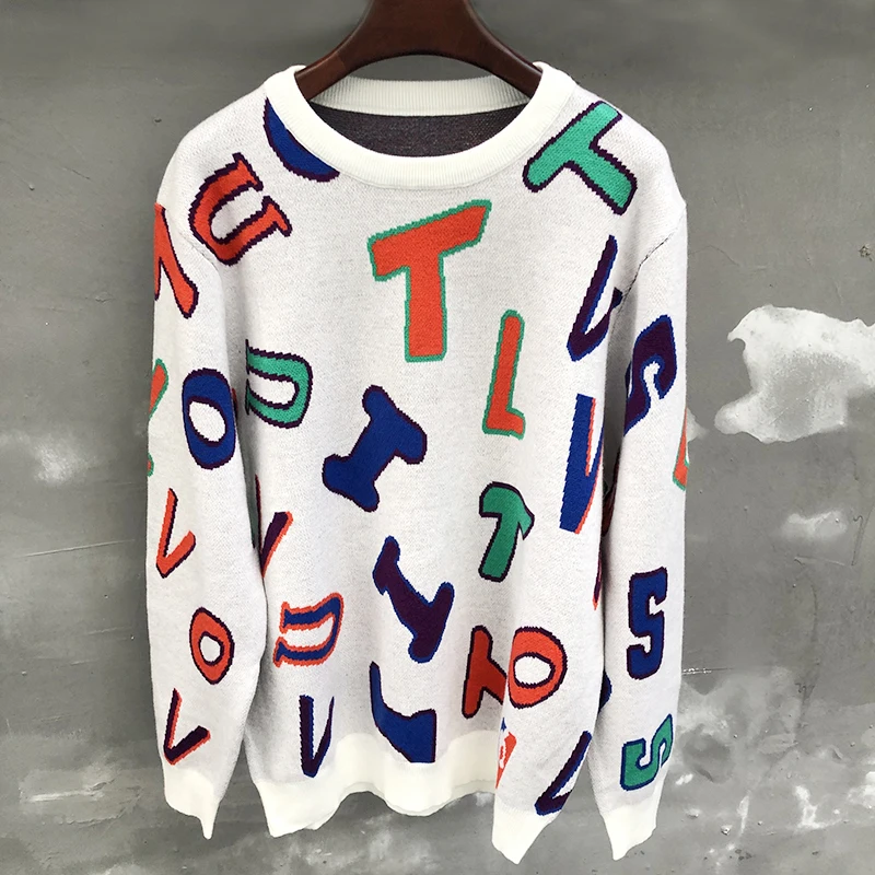 

Fall Casual Knit Clothing Sweater Long Sleeve Pullover Letter Print Streetwear O-neck Contrast Color Stitching Sweater For Men