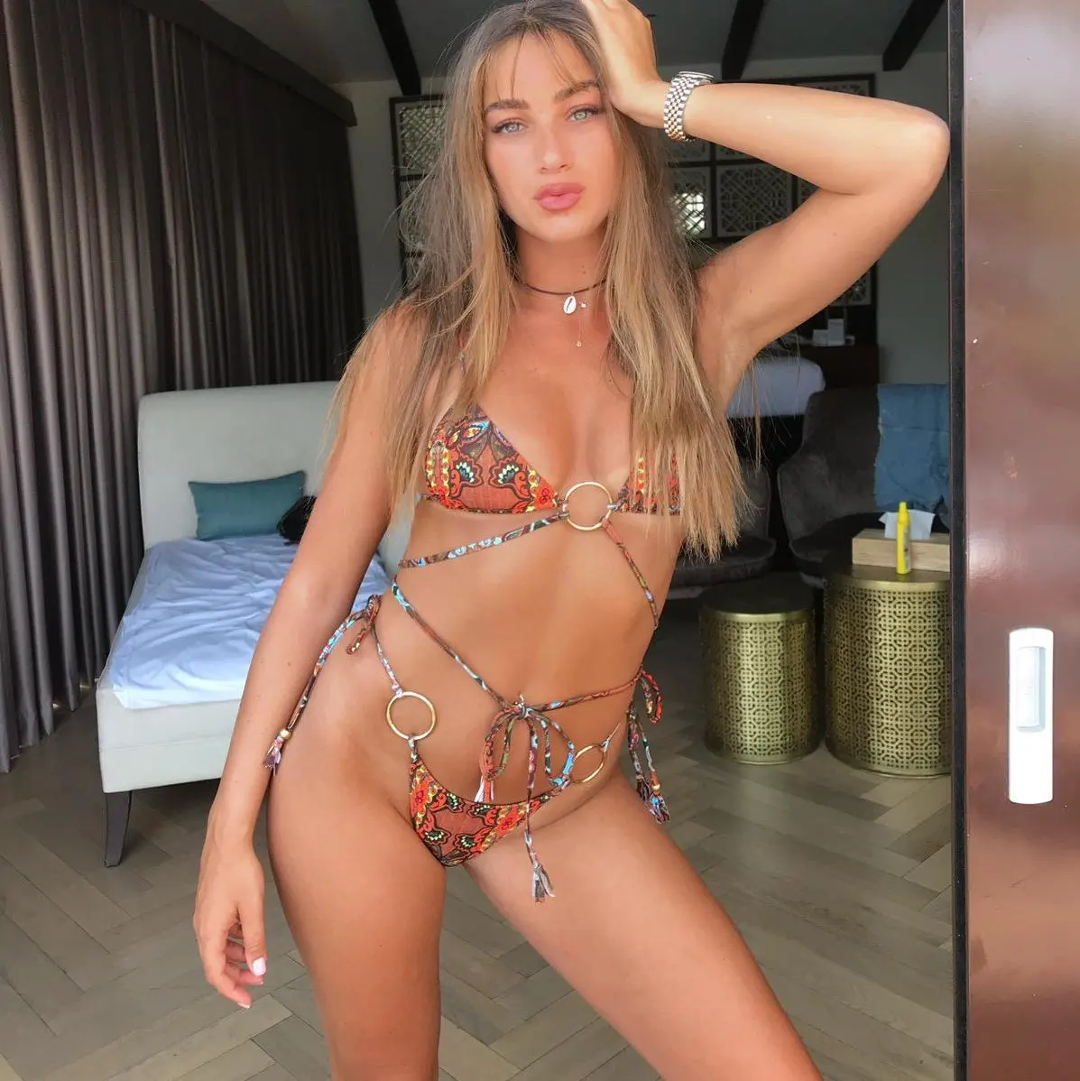 

Sexy Bikini 2023 Women Solid Color Print Lace-up Split Swimsuit Women Swimwear Halter Lace Up Triangle Bikini Sets