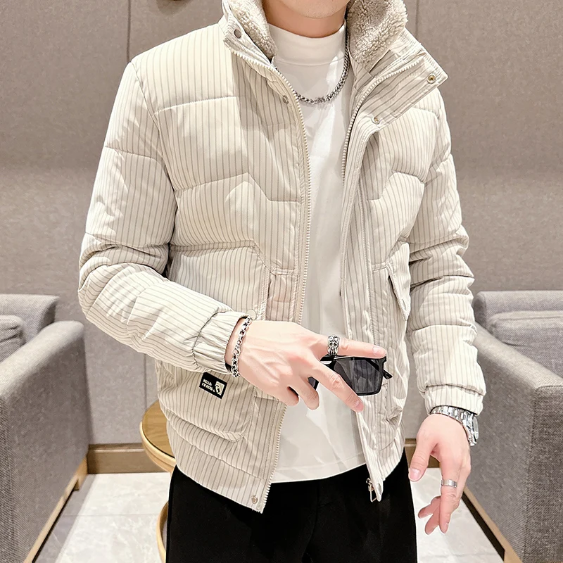 New 2023 Autumn Winter Men's Striped Warm Cotton-Padded Jackets Slim Stand Collar Down Coat Outwear Thicken WADDED JACKET Parkas