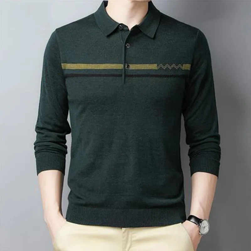 

Fashion Men Korean Striped Polo Shirts Spring Autumn New Streetwear Business Long Sleeve Lapel Button Casual Loose Knit Top 2023