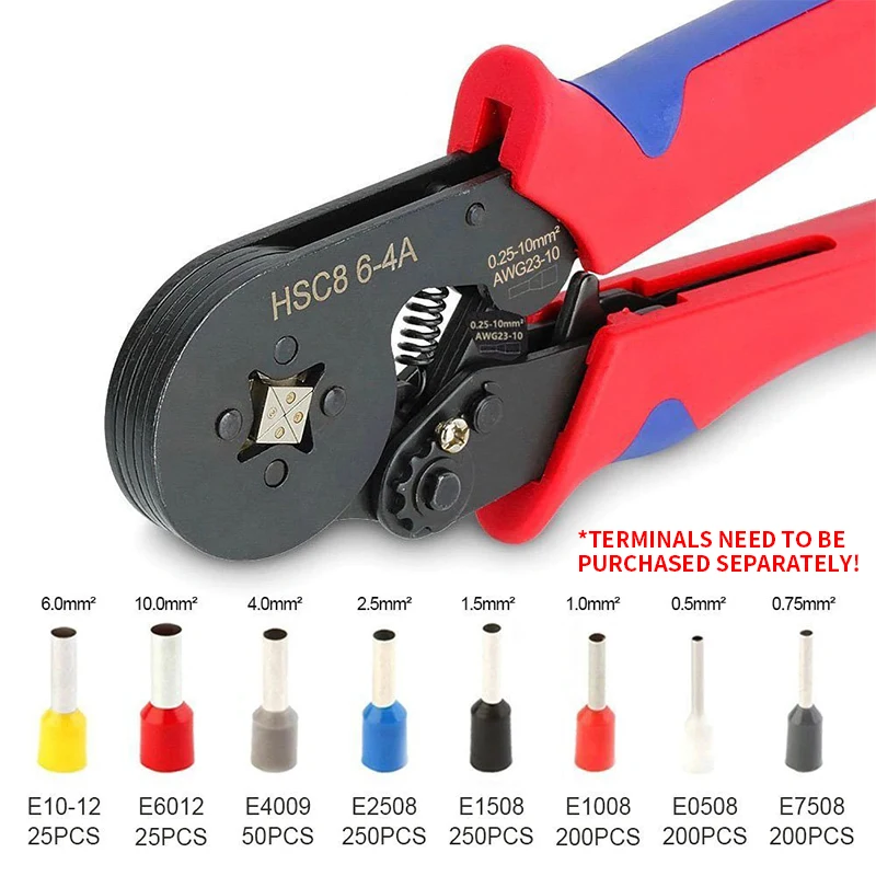 

HSC8 6-4 Ferrule Crimping Tool Kit Hexagonal Sawtooth Self-Adjustable Ratchet Wire Terminals Crimper Kit