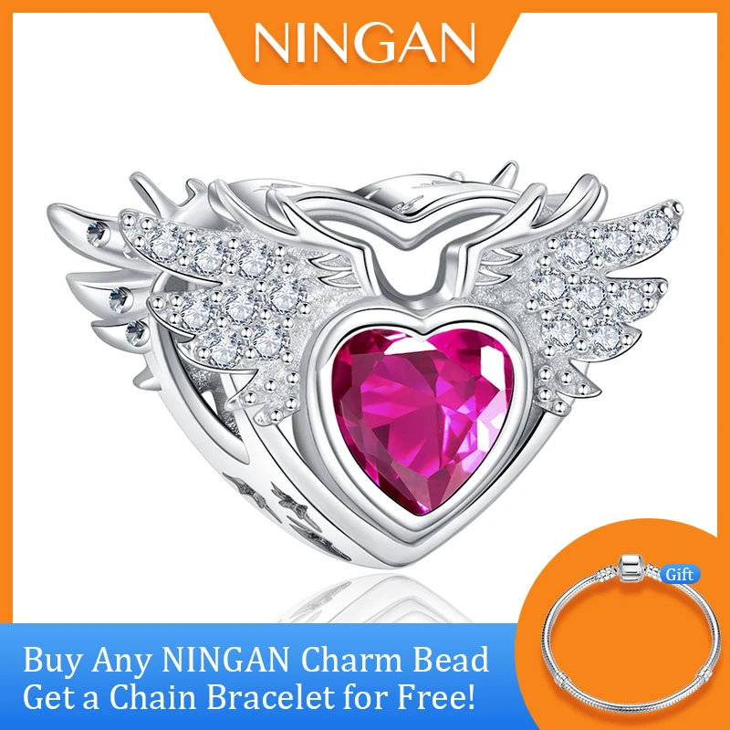 NINGAN Authentic Rose Red Love Charm 925 Sterling Silver July