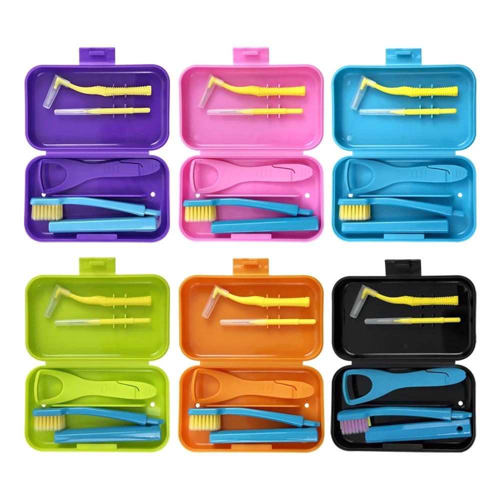 구강 청소 케어 키트 칫솔 포함, 치간 브러시, 혀 브러시 스크레이퍼, 휴대용 상자, 교정 구강 위생 도구, 인기