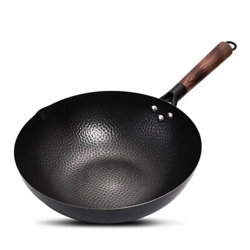 Cast Iron Wok Iron Wok 32cm Iron Wok Traditional Carbon Steel Wok Non-stick Woks Pan with Wood lid Kitchen Cookware for All Stoves