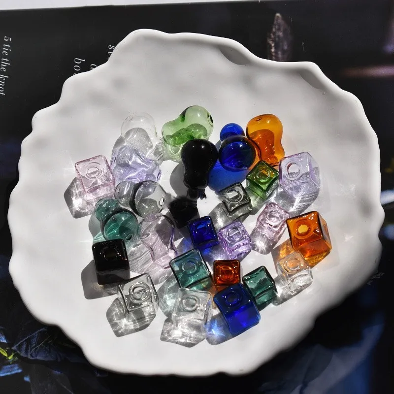5/10X 10mm 컬러 속이 빈 유리 사각형, 하나의 구멍이 있는 유리 버블 바이알, 유리 구체, 보석 부자재, 유리 로켓 액세서리