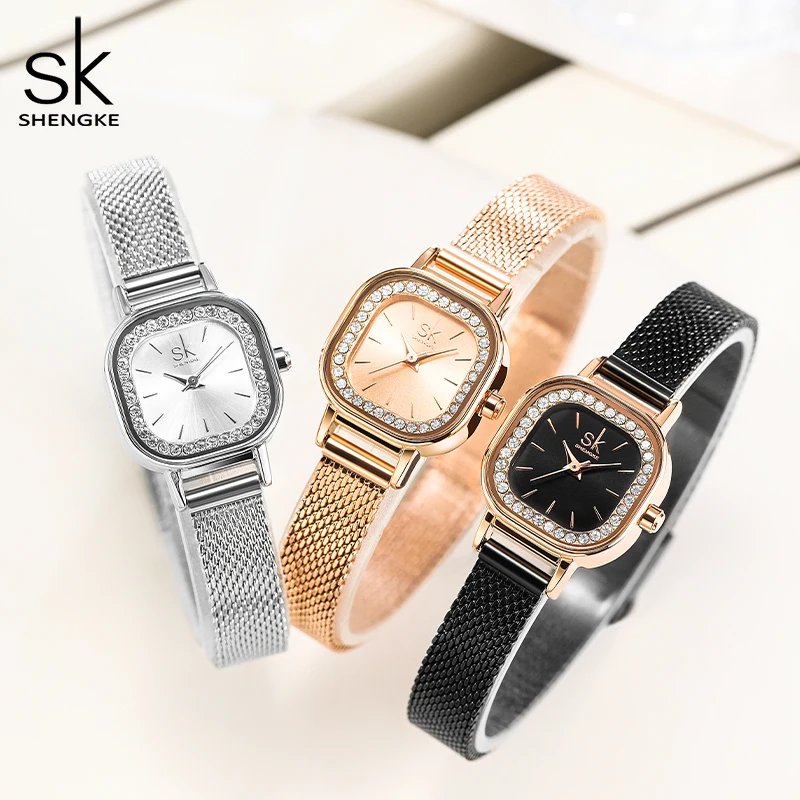 Shengke New Luxury Watch For Women Classic Square Rhinestone Dial Women's Watches Black Milanese Strap Japanese Quartz Movement