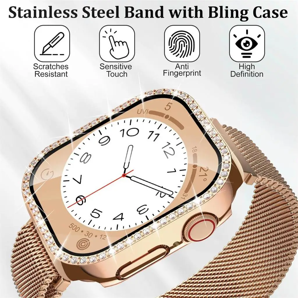 Elegant Diamond Milanese Loop Band with Protective Case - 2-in-1 Watch Accessory