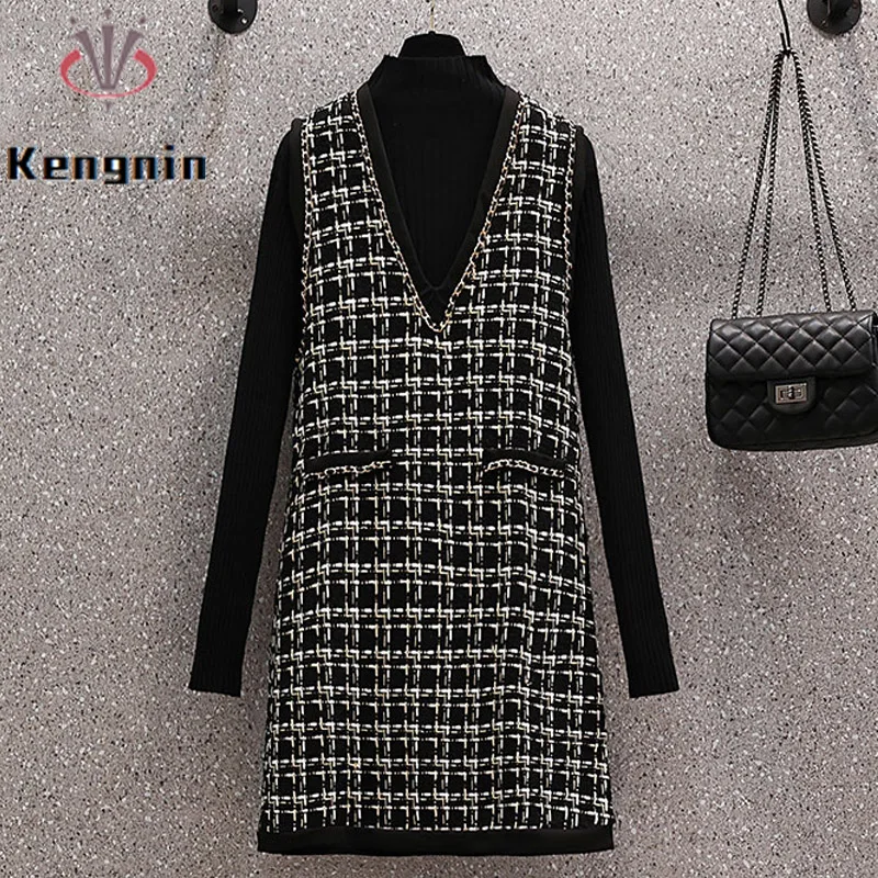 

Женские комплекты из утепленной шерсти и смесовой ткани, осенне-зимний женский комбинезон с жилетом, платье на бретелях + черный свитер, комплект из 2 предметов KE3180