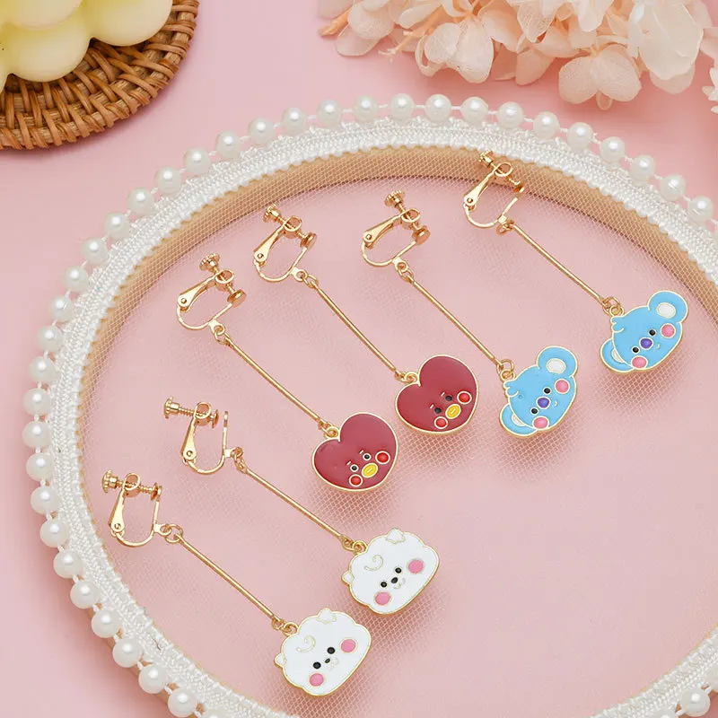 BT21 Mang Chimmy Cooky Koya RJ Clip-On-Ohrringe Hochwertige Anime-Cartoon-Puppen-Stil Bedruckte Mädchenherz-Ohrringe Süße Einfache Handgefertigte Schmuckstücke – Detail 9