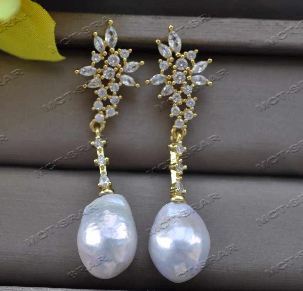 

Z12037 Luster 2" 18mm White Teardrop Baroque Keshi Reborn Pearl Dangle Earring