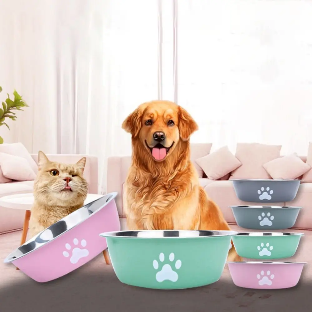 Large Capacity Stainless Steel Dog Bowl Non-slip Bilayer Dog Water Bowl Pet Feeders Cat Paw Pattern Cat Feeding Bowl Home 4