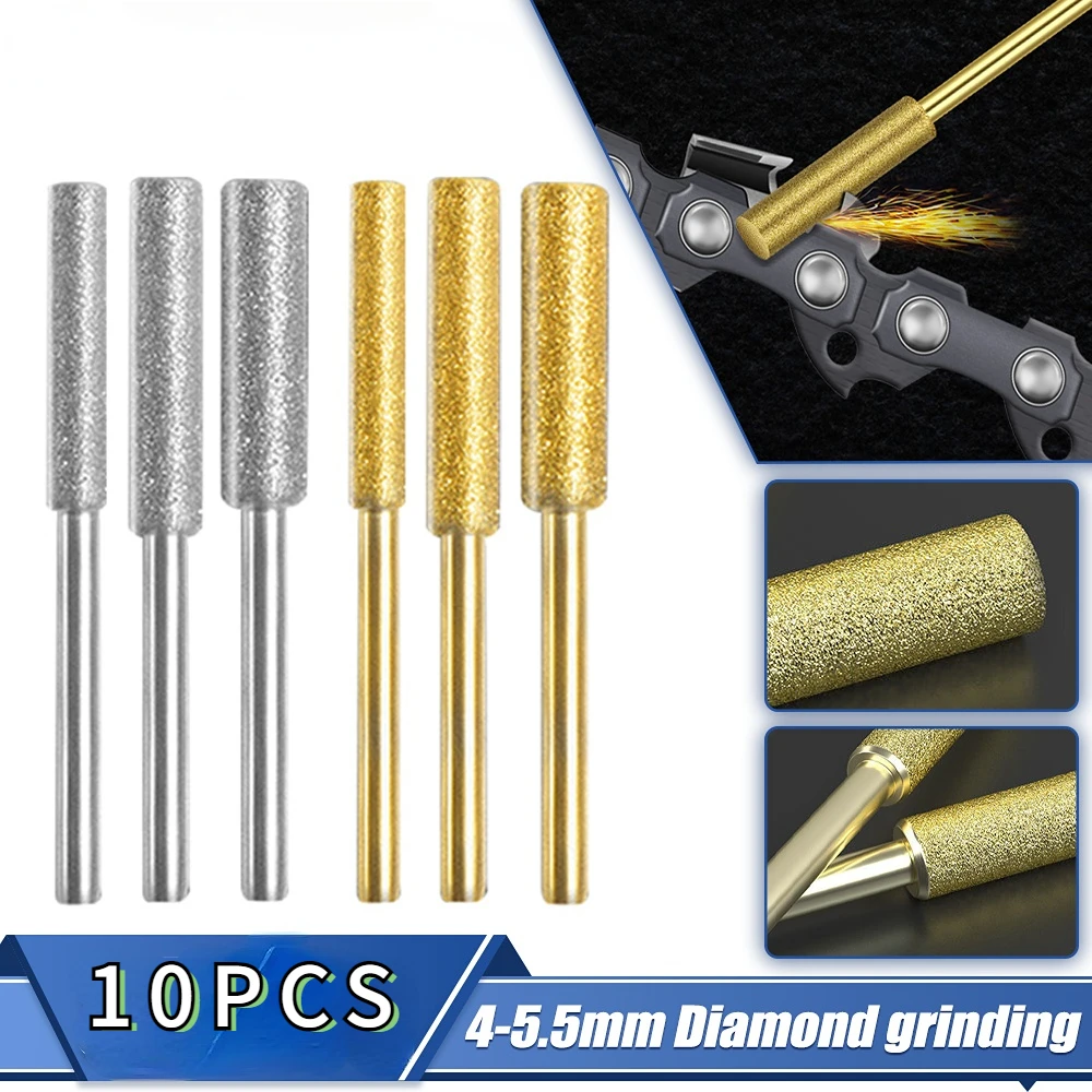 10Pcs Gold Diamond Coated Cylindrical Burr 45.5mm Chainsaw Sharpener