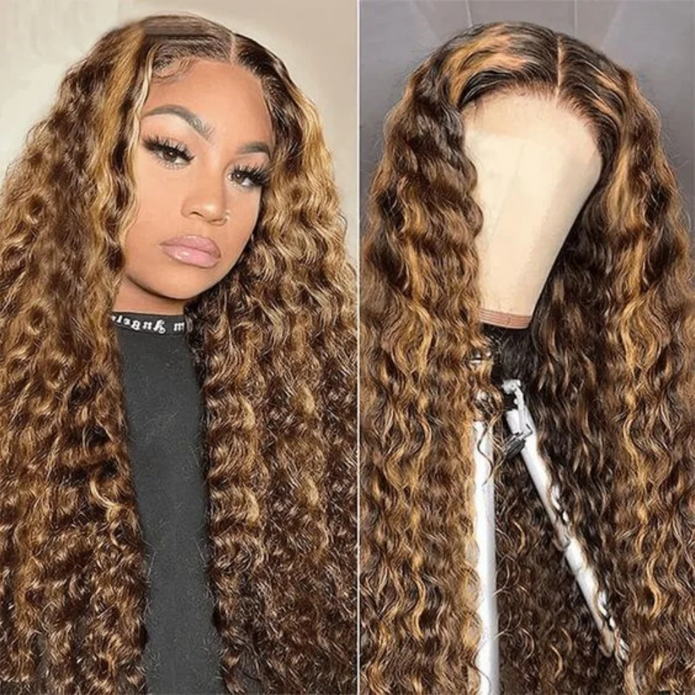 Ombre Highlight Lace Front Wig 180% Density Water Wave 13x4 Synthetic Lace Frontal Wigs Honey Blonde Deep Wave Pre Plucked Wig