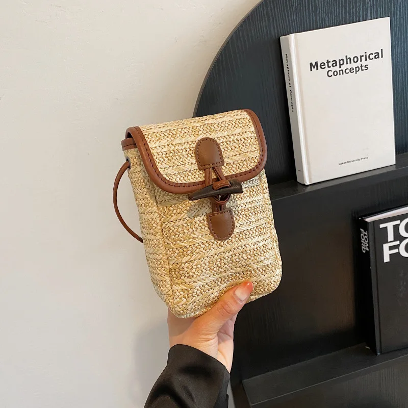 

Cell Phone Bag Women's 2023 New Korean Style Ins Contrast Color Straw Phone Bag Casual All-Matching One Shoulder Crossbody Bag