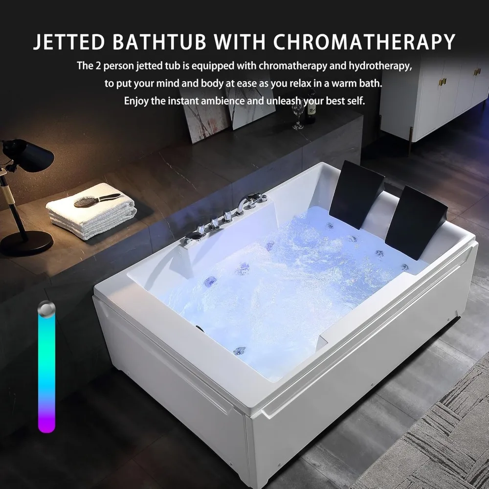 Whirlpool Tub,72" x 48" Jetted Bathtub for 2 Person, Hydro Massage & Chromatherapy,ETL Certified,3 Sided Apron,Acrylic 2