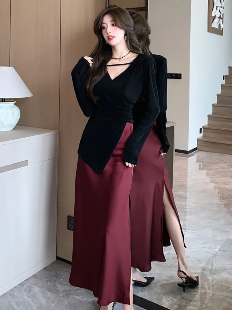 

Autumn Women Sexy Skirt Suits Fashion Long Sleeve V-neck Lady Top Stain High Split Midi Skirt Elegant New Modern 2 Pieces Set