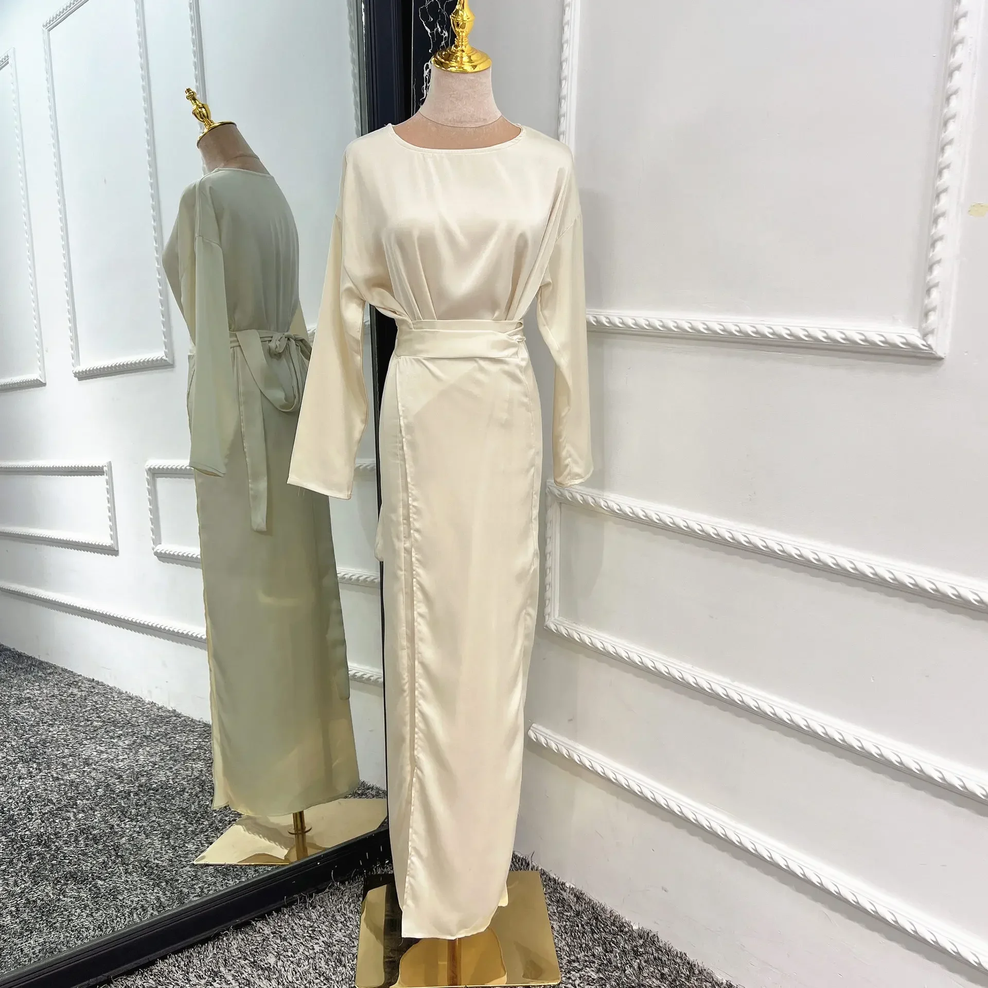 White Silky Satin Abaya Inner Dress with Wrap Skirt Arabic Long Muslim Dresses for Women Dubai Turkey Islam Modest Outfit Kaftan