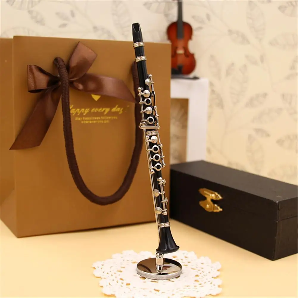 Clarinet Woodwind Instrument Mini Clarinet Model Musical Instrument Miniature Desk Decor Display With Black Leather Box + Bracket