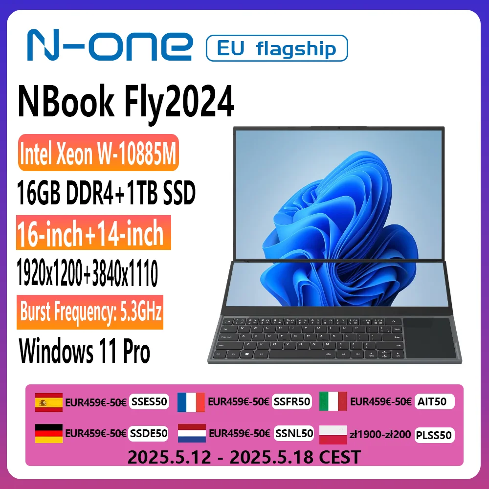 N-One NBook Fly Laptop 16+14 Inch Touch Screen Intel Xeon W-10885M 16 GB DDR4 1 TB SSD up to 5.3 GHz Gaming Business Laptop 1