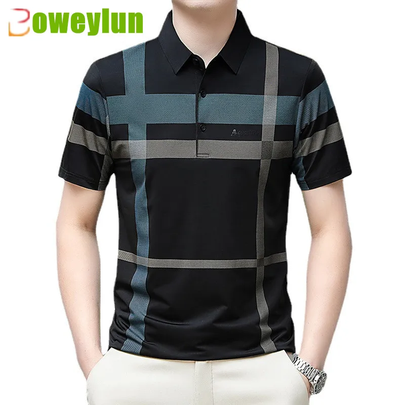 

Boweylun Plaid Printed Ice Silk Men's Polo Shirt Summer Skin-friendly Breathable Business Casual Short-sleeved T-shirt