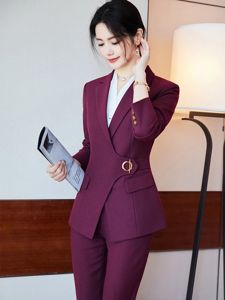 Office Ladies Pant Suit Women Black Blue Wine Female Business Work Wear Jacket Blazer and Trouser Formal 2 Piece Set 5