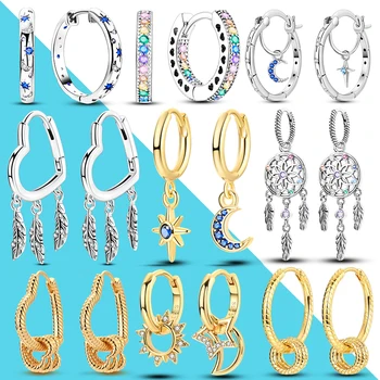 Silver 925 Gold Color Hoop Earrings For Women Moon Star Sun Pave Love Encircled Earring