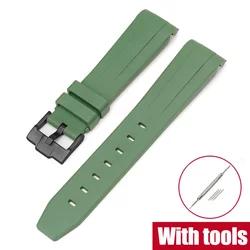 Premium 20mm Fluoro Rubber Strap with Curved End - Sport Waterproof FKM Watch Band (Includes Tools) - 20mm (Army Green black)