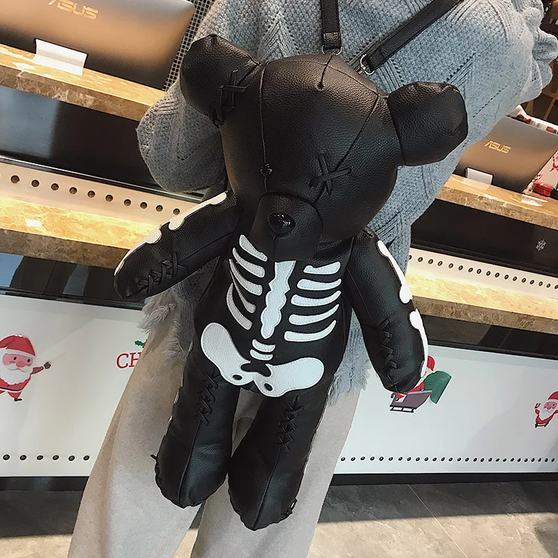 Skeleton Bear Backpack PU Leather Artistic Personality Thriller Single Shoulder Crossbody Backpack Halloween Backpacks 3