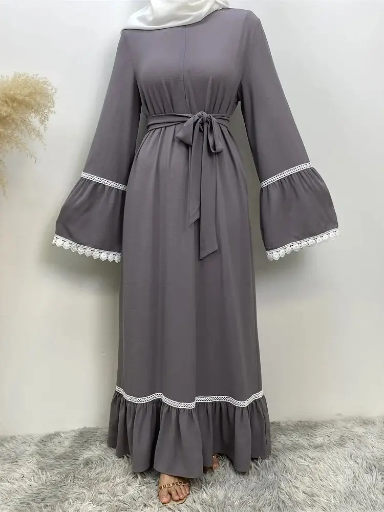 فستان فضفاض للنساء في الشرق الأوسط ، دانتيل أبيض ، أكمام طويلة ، نمط سحاب ، شائع ، مرقع ساخن ، دبي ، تركي ، إسلامي ، موضة جديدة ، رائج